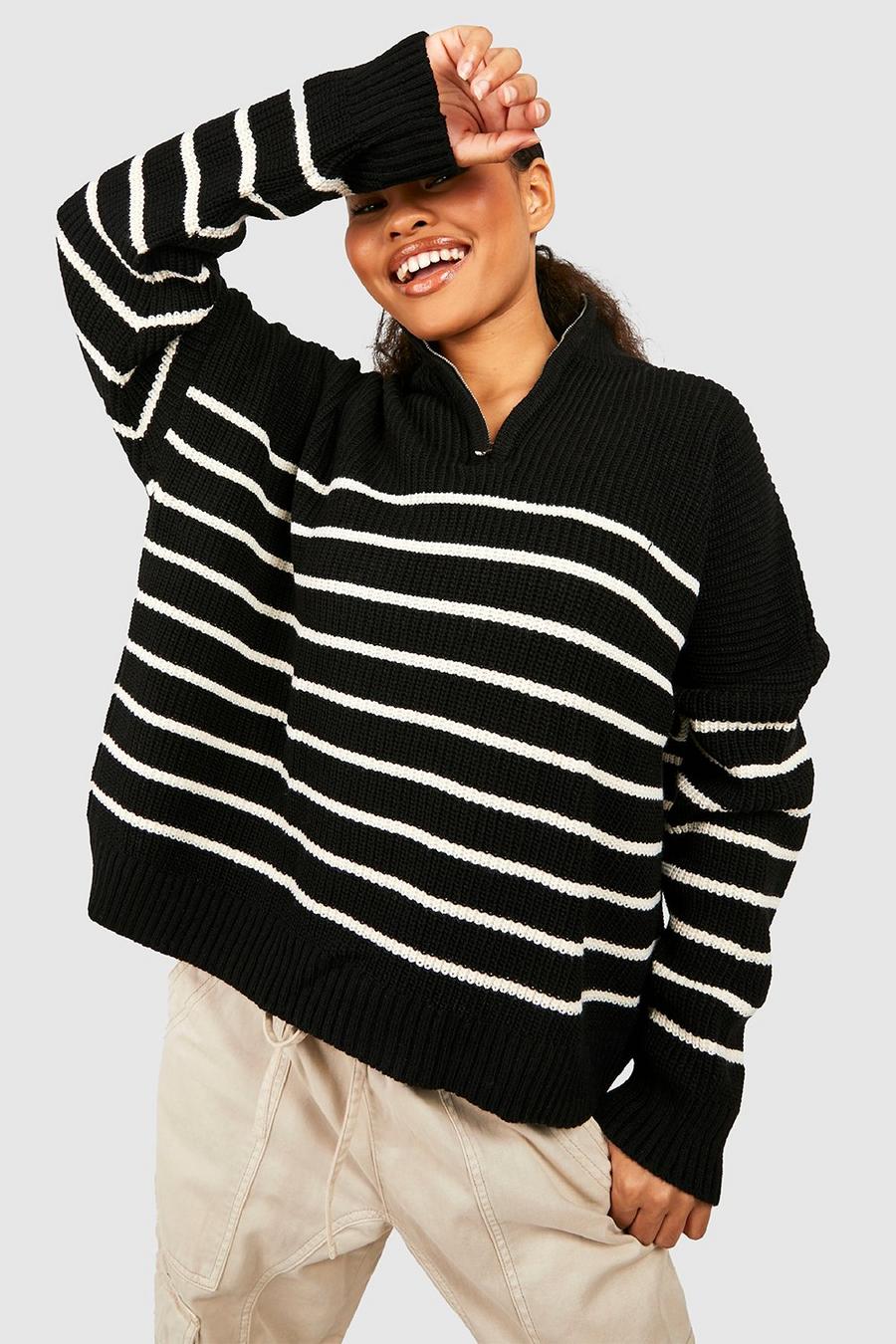 Black Petite Half Zip Stripe Sweater image number 1