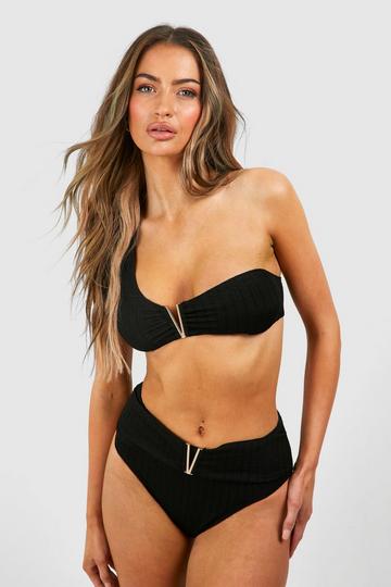 Trim Detail Textured One Shoulder Bikini Set black
