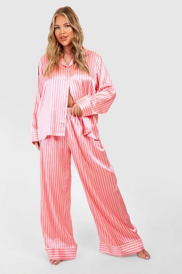 Plus Satin Stripe Pj Trouser Set candy pink