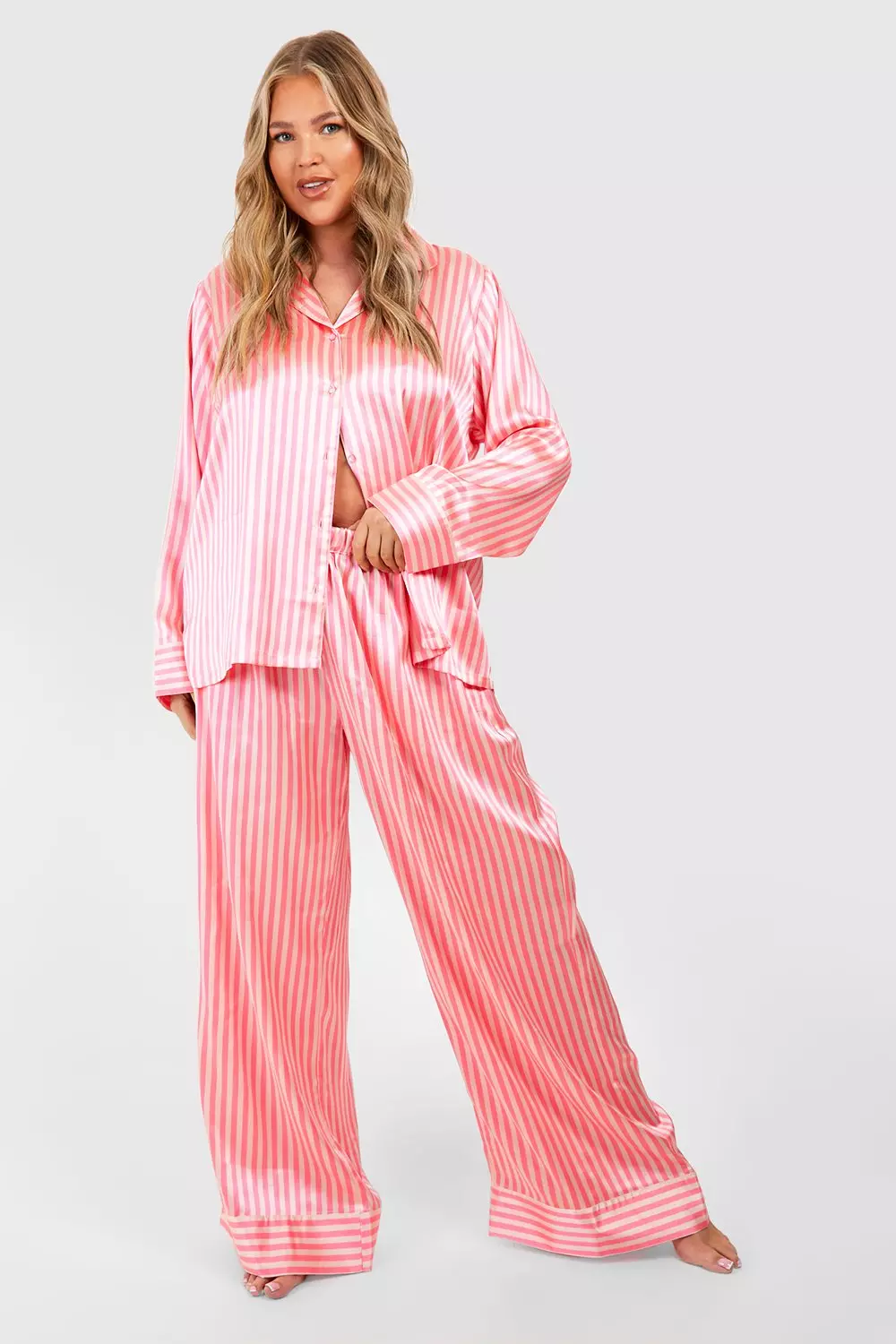 Candy pink Plus Satin Stripe Pj Trouser Set alternative image