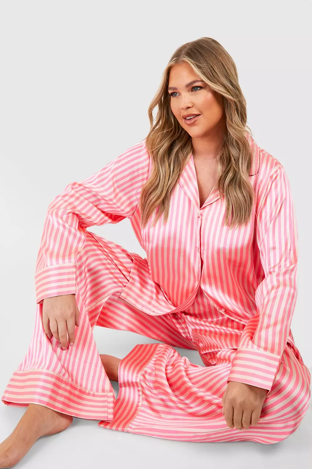 Candy pink Plus Satin Stripe Pj Trouser Set alternative image