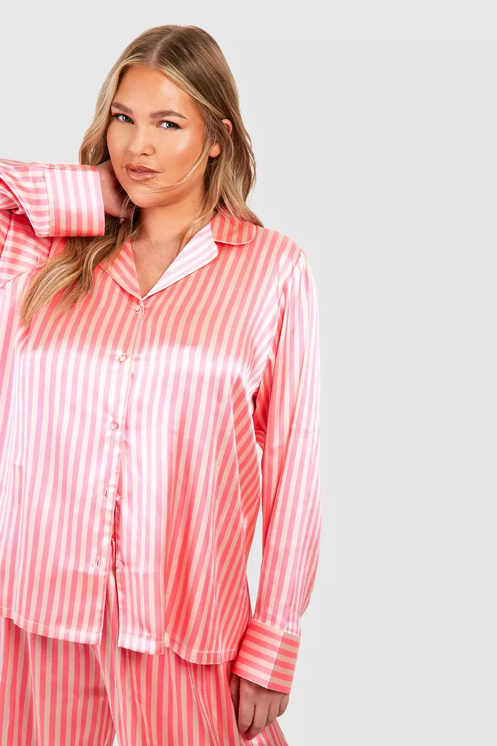 Candy pink Plus Satin Stripe Pj Trouser Set alternative image