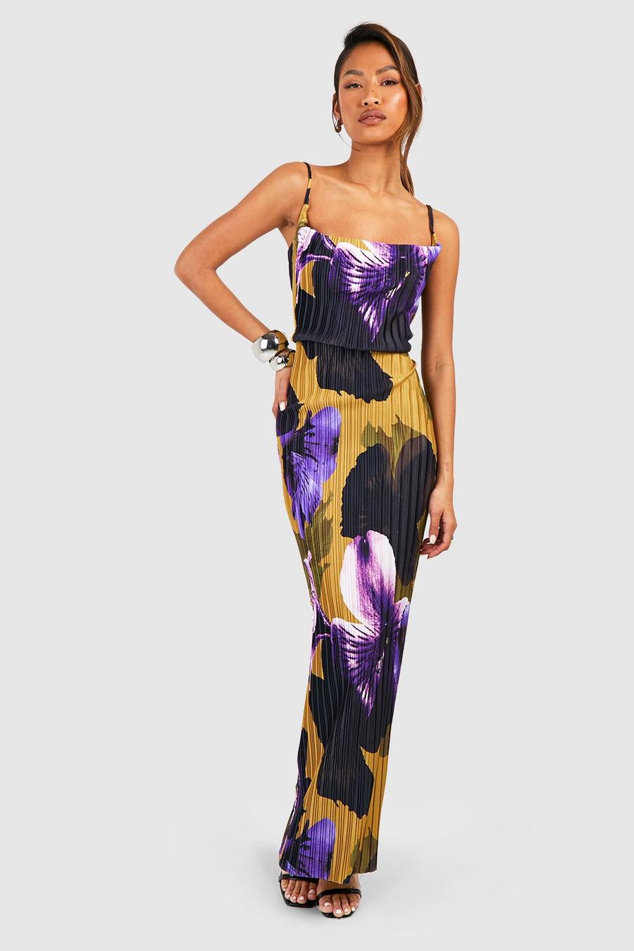 Vestido maxi de tirantes plisado con estampado de flores, Purple image number 1