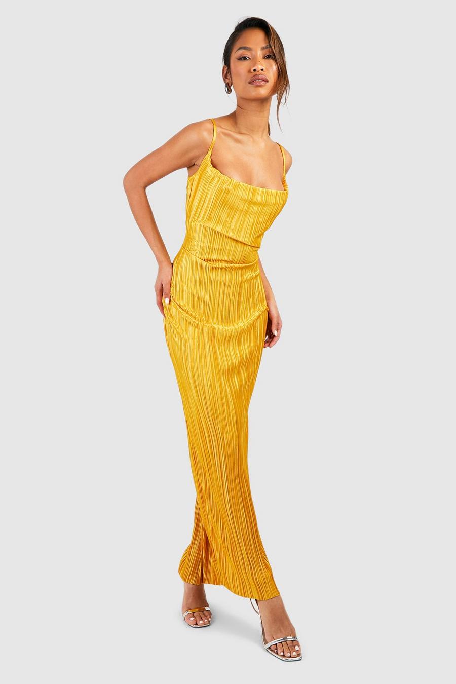 Mustard yellow Plisse Strappy Maxi Dress