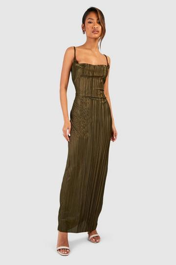 Olive Green Plisse Strappy Maxi Dress