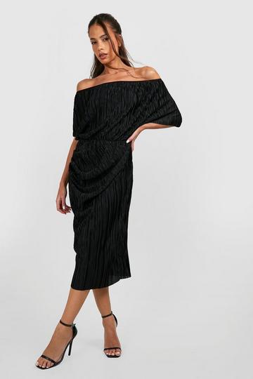 Black Off The Shoulder Plisse Midi Dress