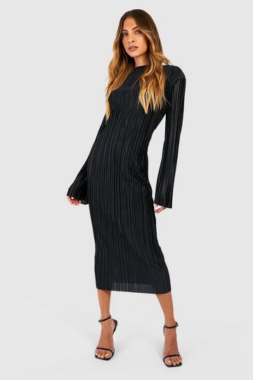 Black Plisse Flare Sleeve Midi Dress