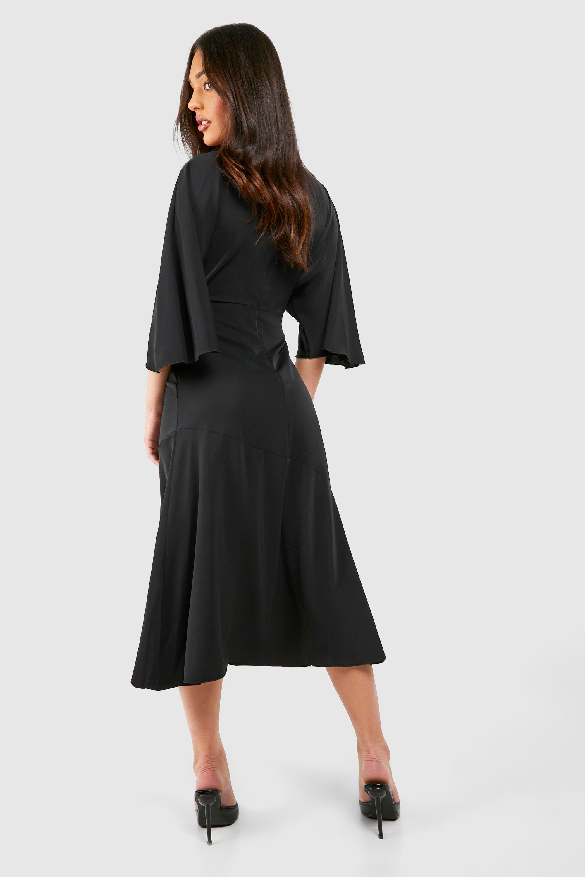 Petite Asymmetric Angel Sleeve Satin Maxi Dress boohoo UK