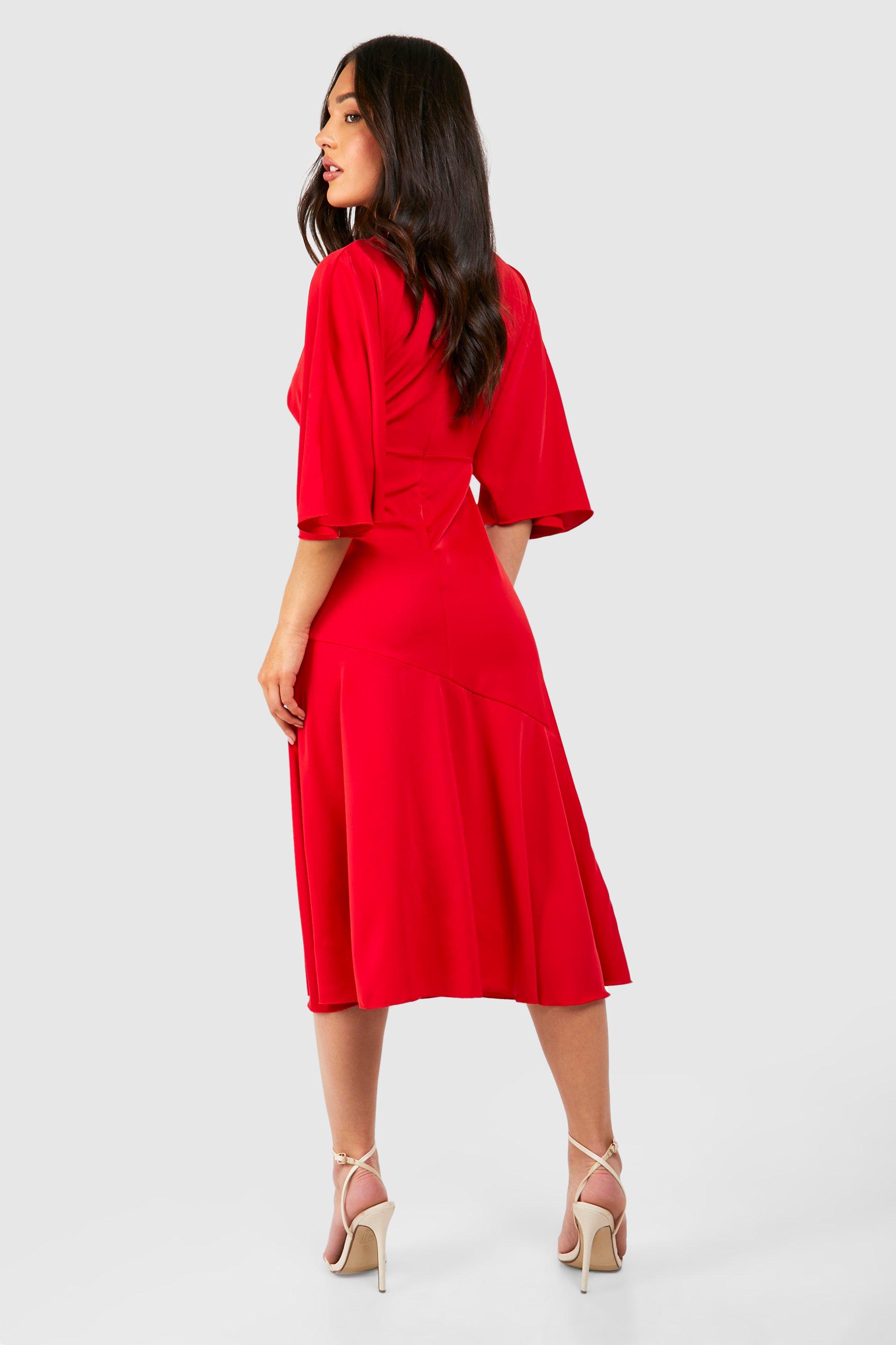 Petite Asymmetric Angel Sleeve Satin Maxi Dress | boohoo