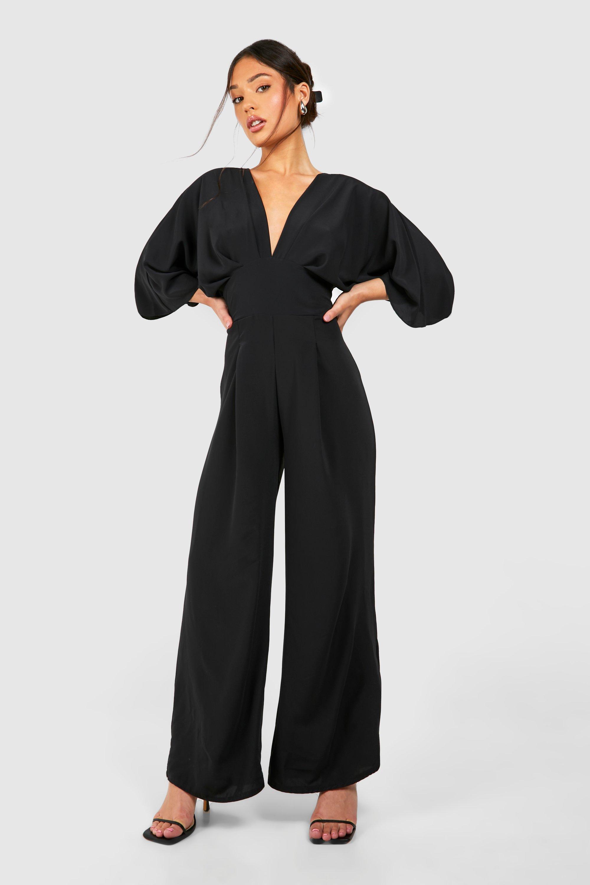 Petite Angel Sleeve Wide Leg Satin Jumpsuit