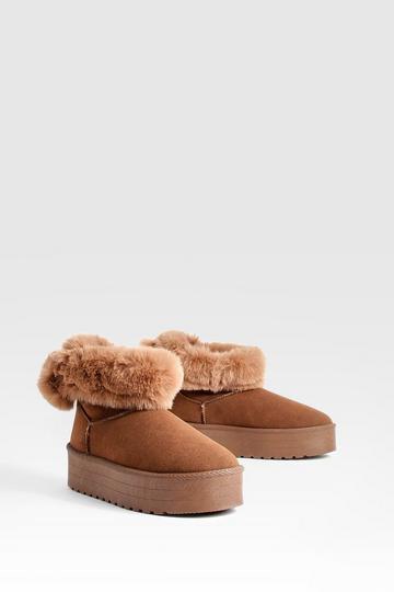 Chocolate Brown Fur Trim Platform Mini Cosy Boots