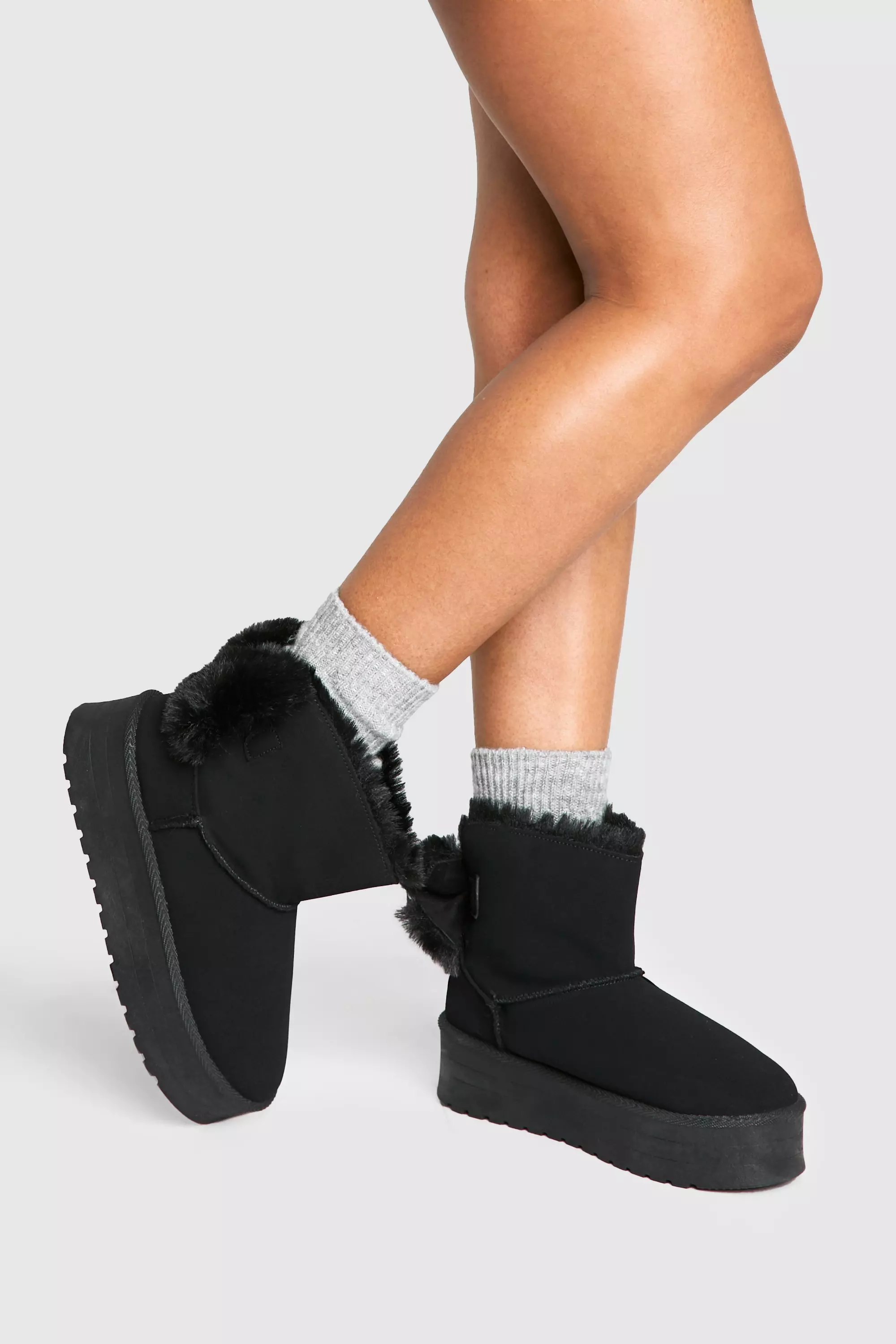 Black Fur Trim Platform Mini Cosy Boots      alternative image