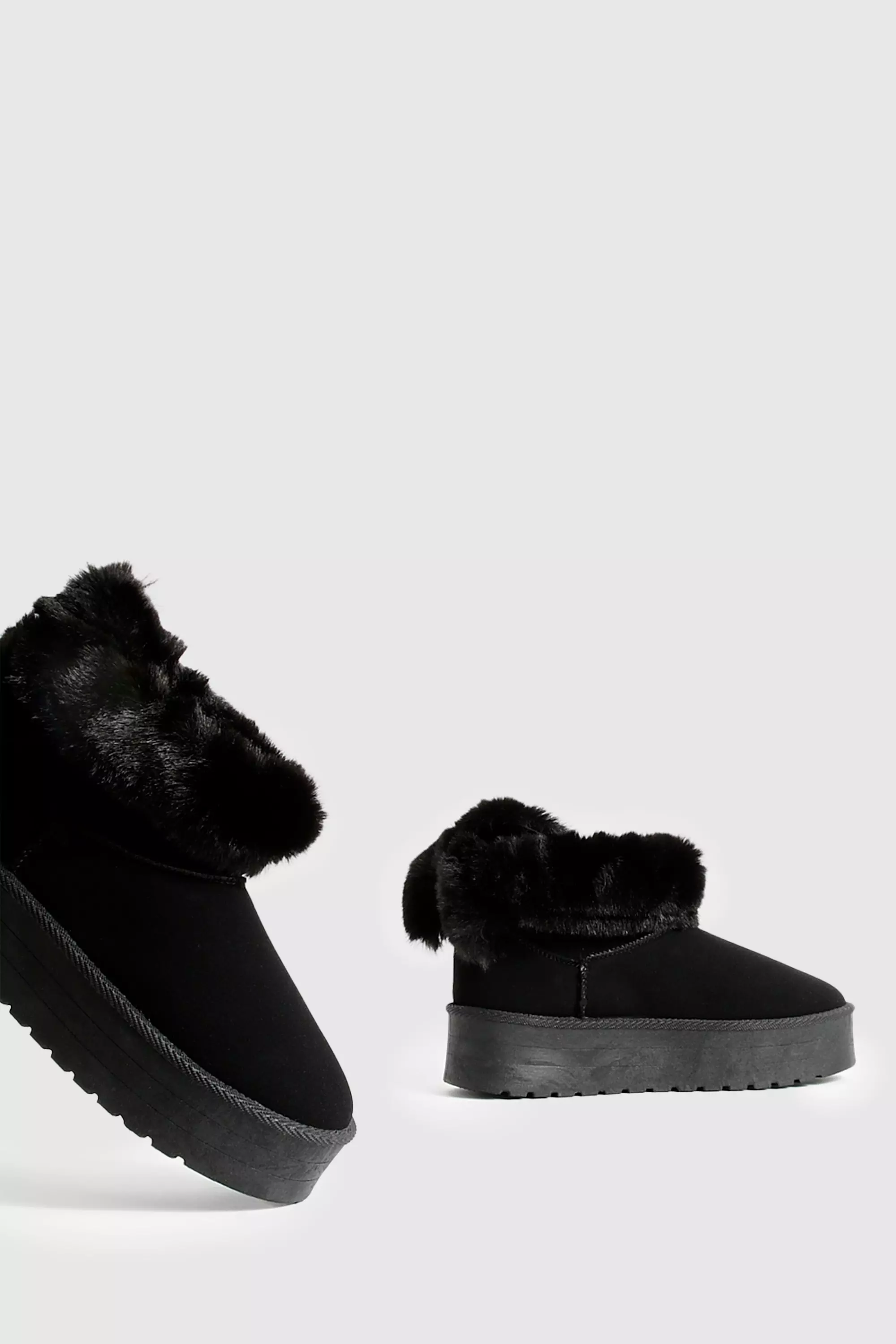 Black Fur Trim Platform Mini Cosy Boots      alternative image