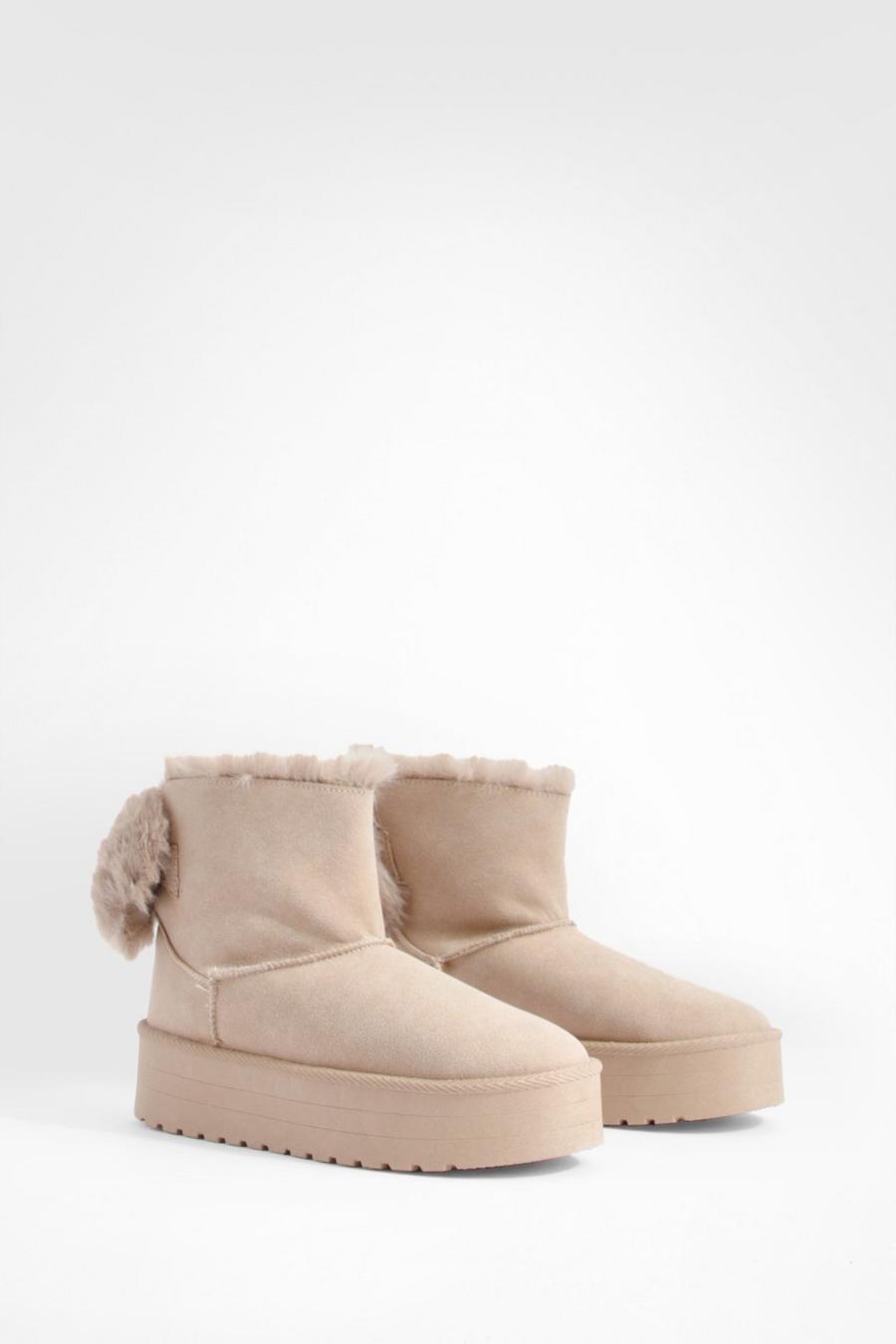 Khaki Fur Trim Platform Mini Cosy Boots      image number 1