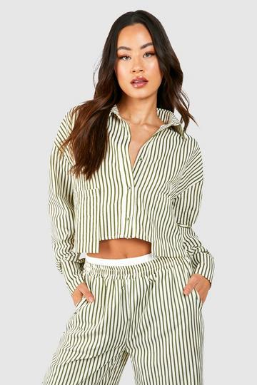 Green Tall Pinstripe Pocket Cropped Shirt