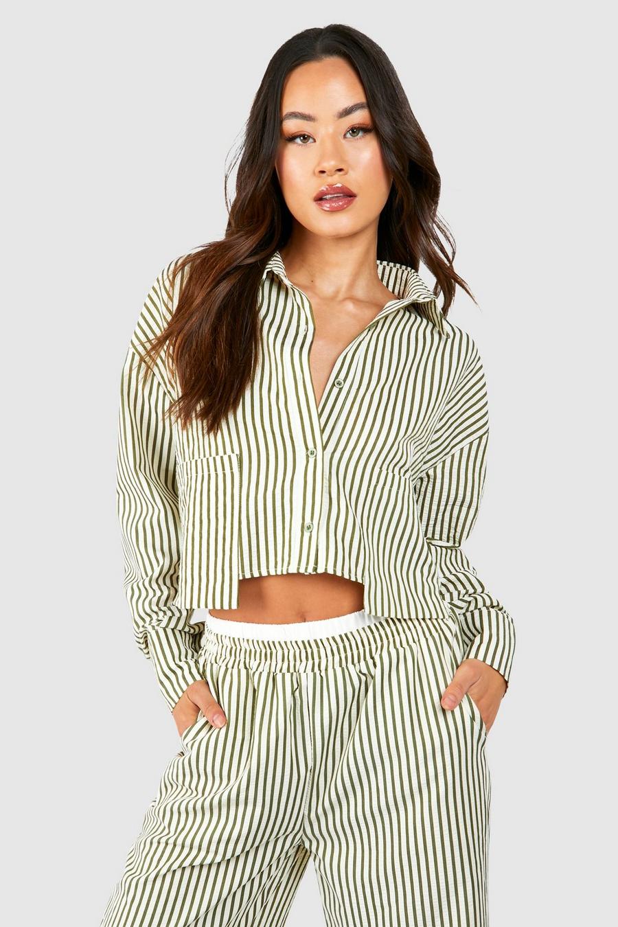 Green Tall Pinstripe Pocket Cropped Shirt  image number 1