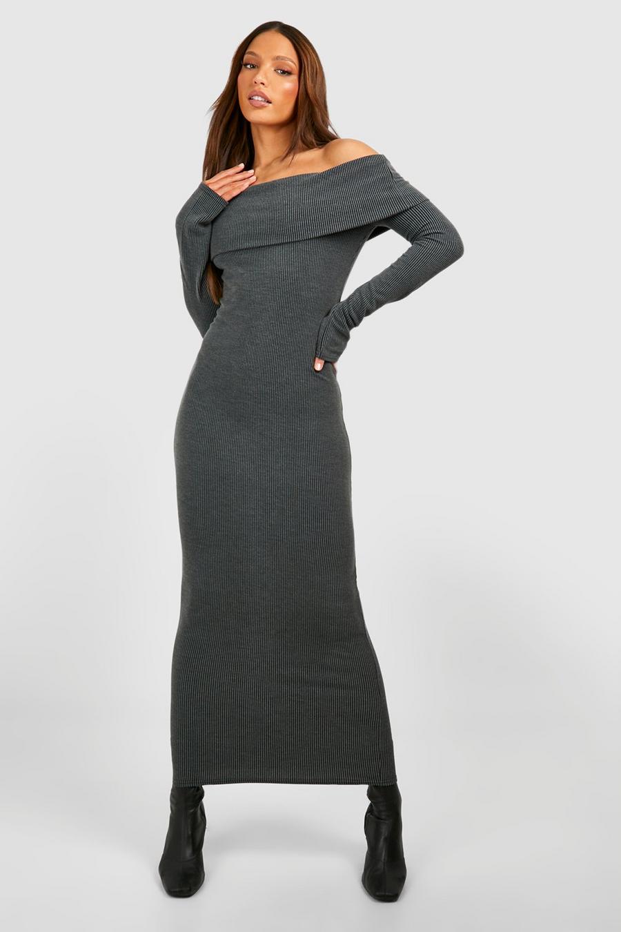 Black Tall Two Tone Rib Bardot Midaxi Dress image number 1