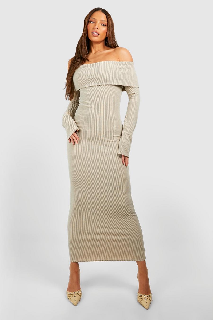 Stone Tall Two Tone Rib Off The Shoulder Midi Dress