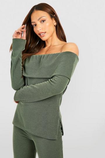 Tall Two Tone Rib Longline Bardot Top khaki