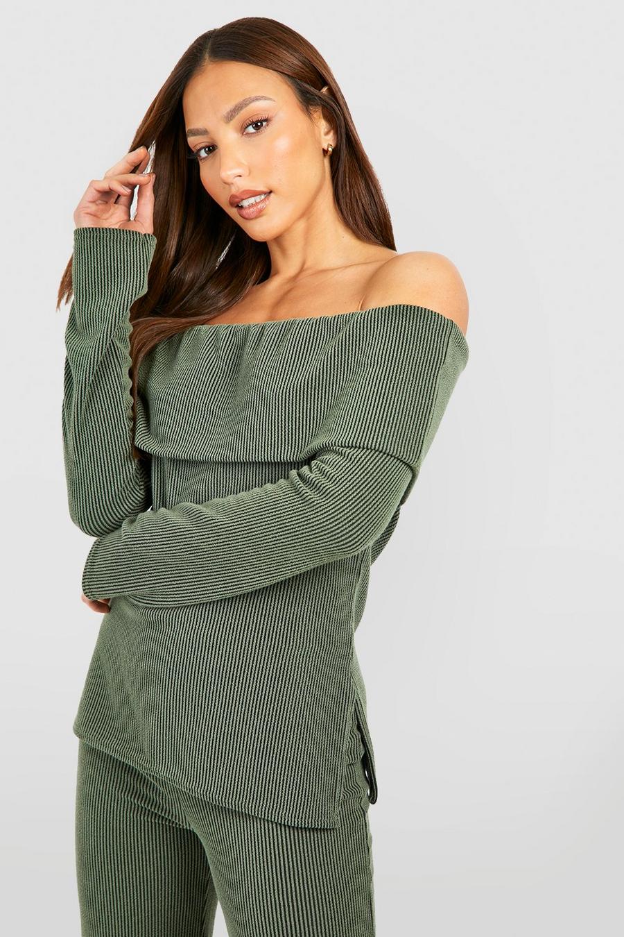 Khaki Tall Two Tone Rib Longline Off The Shoulder Top image number 1