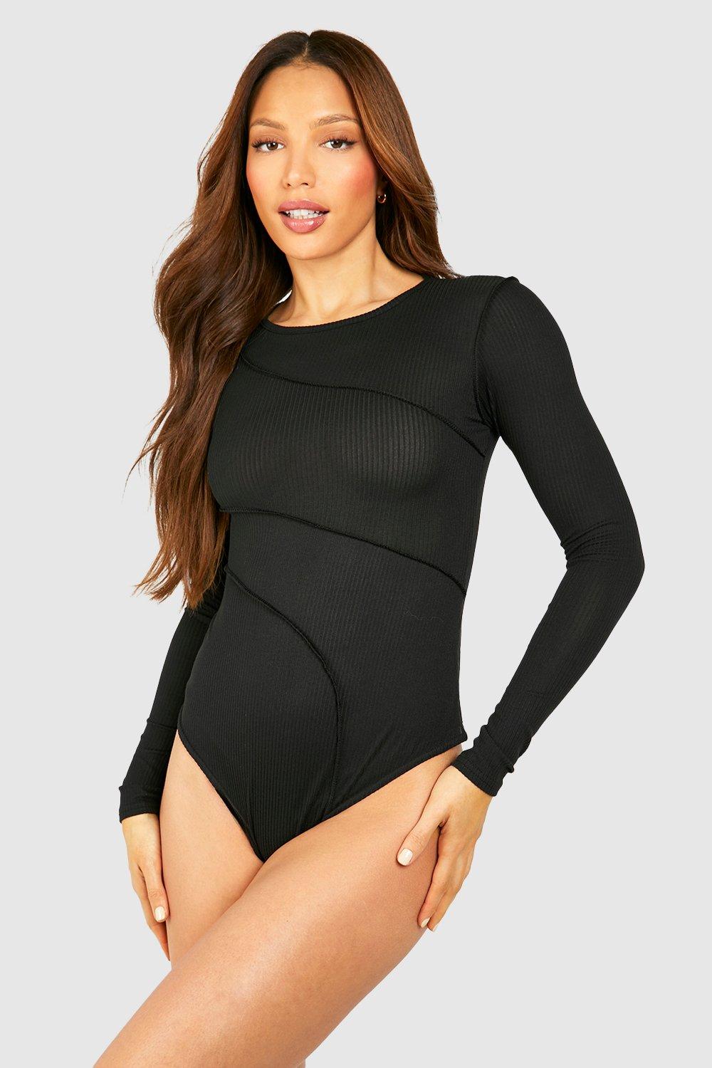 Black Mesh Seam Detail Bodysuit, Tops