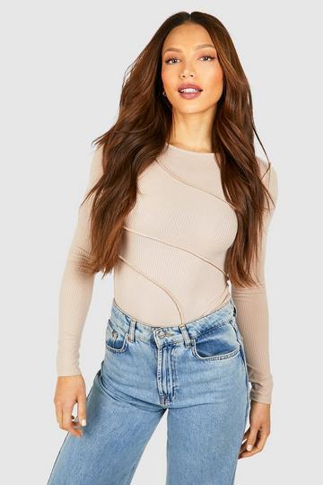 Stone Beige Tall Seam Detail Rib Long Sleeve Bodysuit