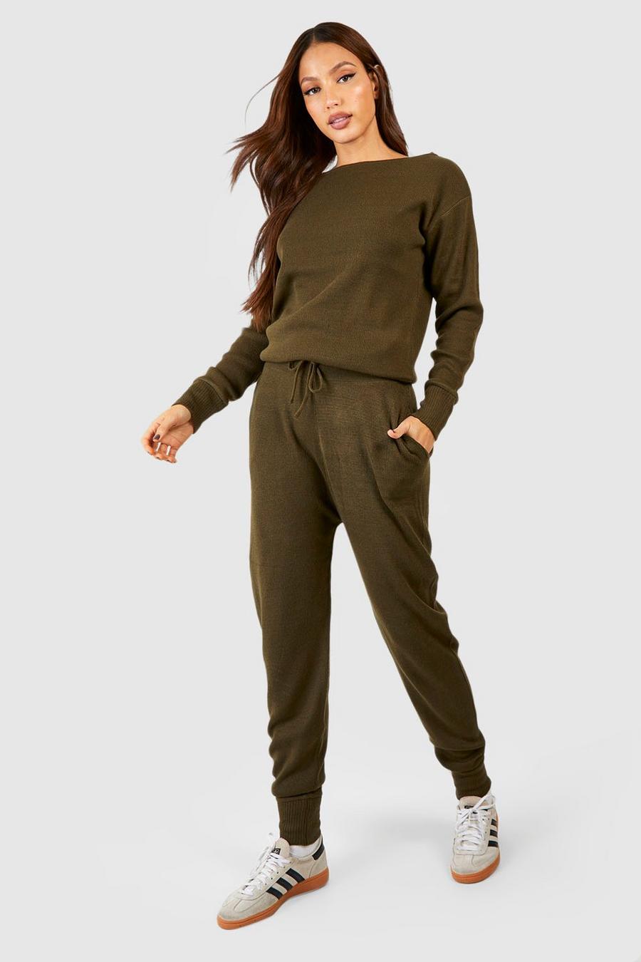 Khaki Tall Knitted Slash Neck Jumper & Track Pants Set