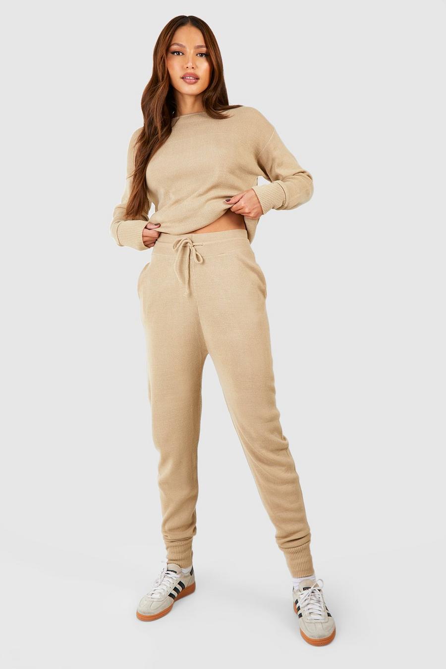 Stone Tall Knitted Boat Neck Sweater & Jogger Set
