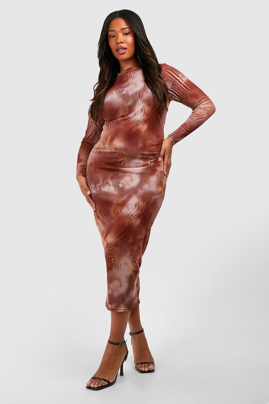 Brown Plus Long Sleeve Printed Mesh Midi Dress