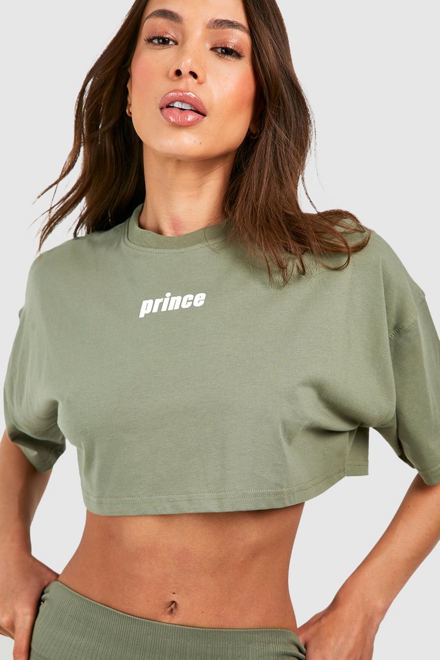 Kurzes kastiges T-Shirt mit Prince-Print, Khaki