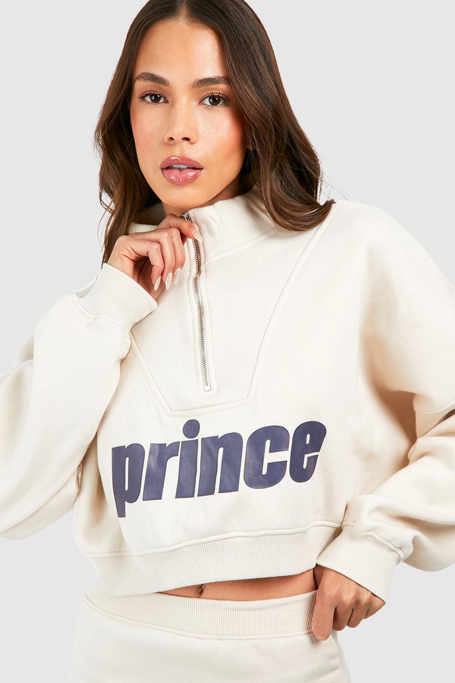 Prince Oversize Sweatshirt mit Print und halbem Reißverschluss, Stone