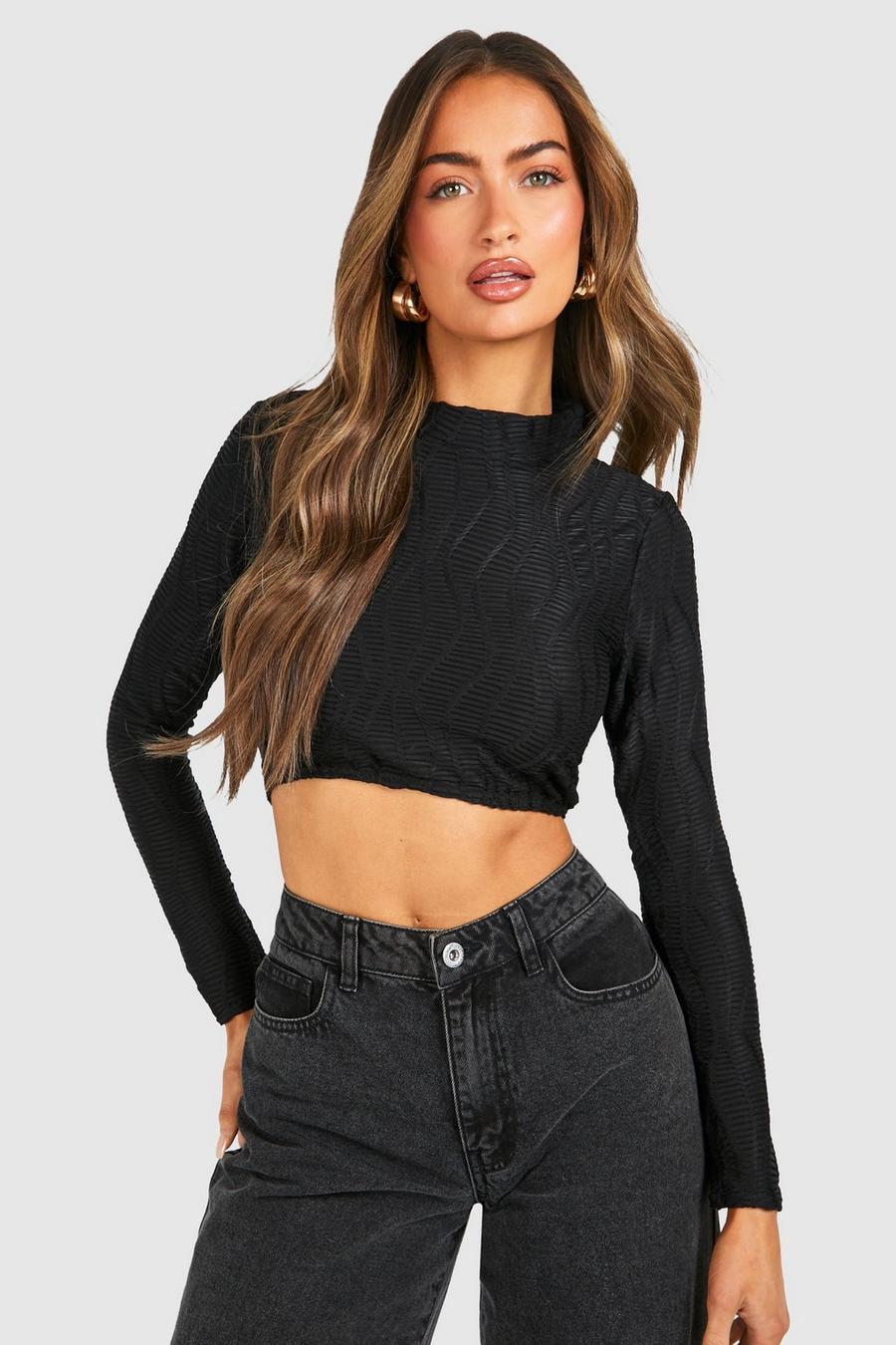 Black Textured High Neck Long Sleeve Top image number 1