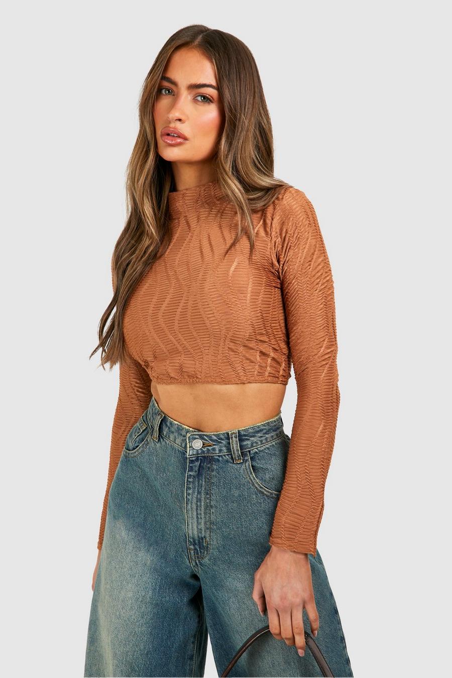 Camel Textured High Neck Long Sleeve Top image number 1