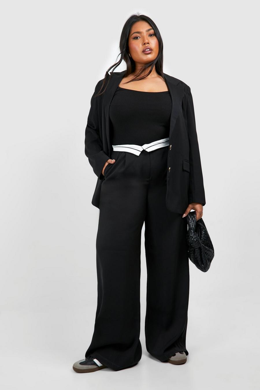 Black Plus Contrast Waistband Wide Leg Tailored Trousers image number 1