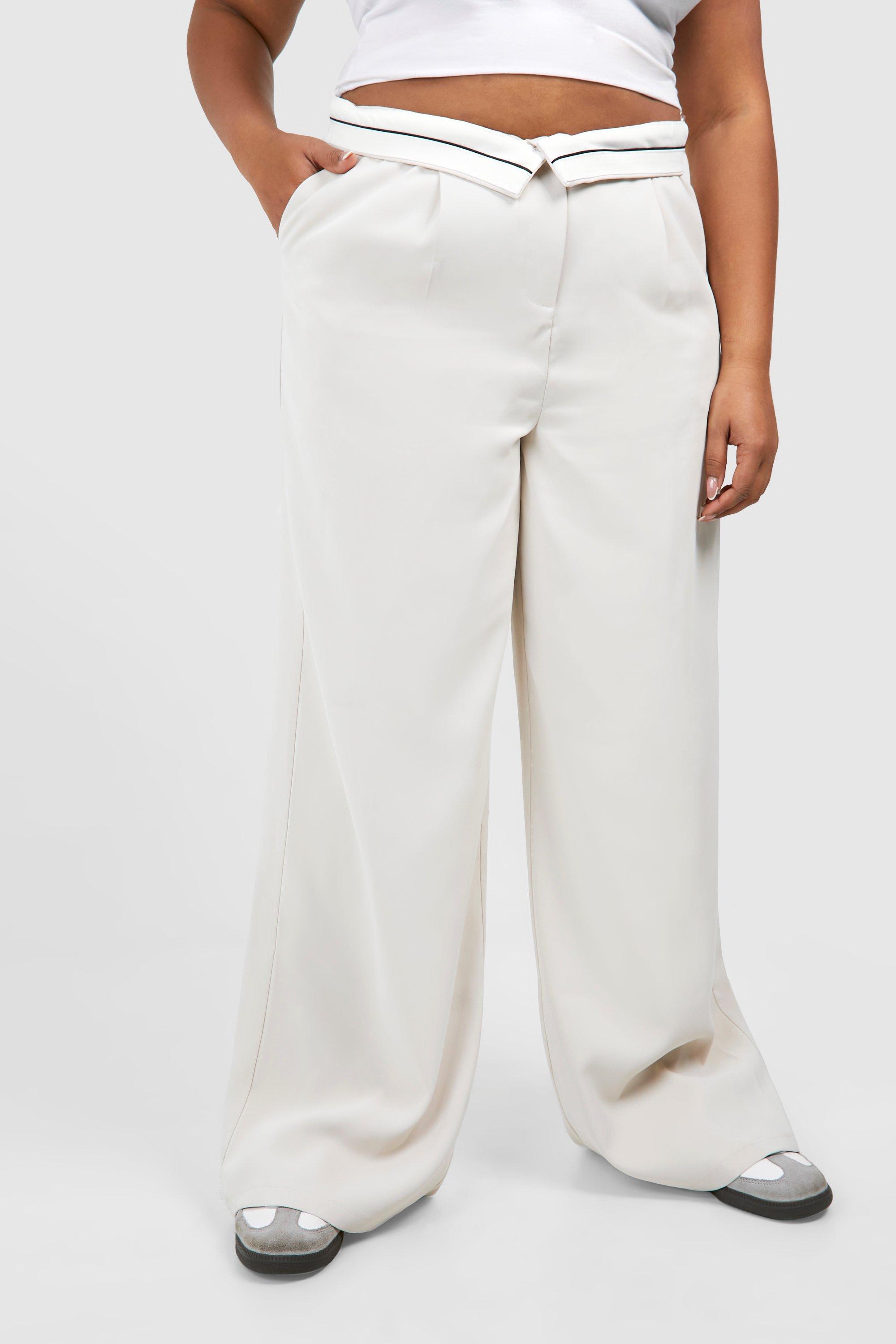 Contrast Waistband Tailored Wide Leg Pants