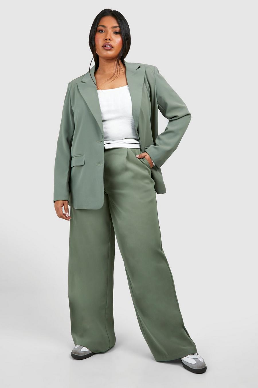 Khaki Plus Contrast Waistband Wide Leg Tailored Trousers image number 1