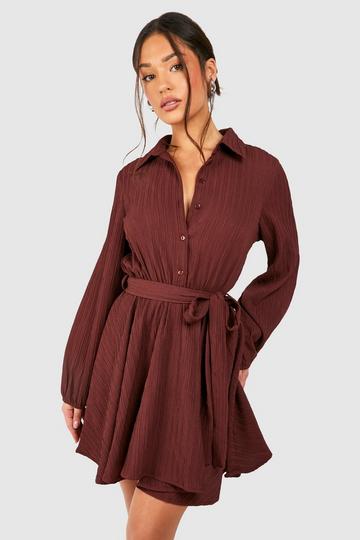 Chocolate Brown Petite Crinkle Skater Shirt Dress