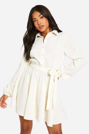 Petite Crinkle Skater Shirt Dress white