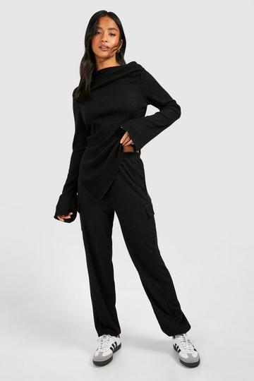 Black Petite Super Soft Rib Straight Leg Cargo Pants