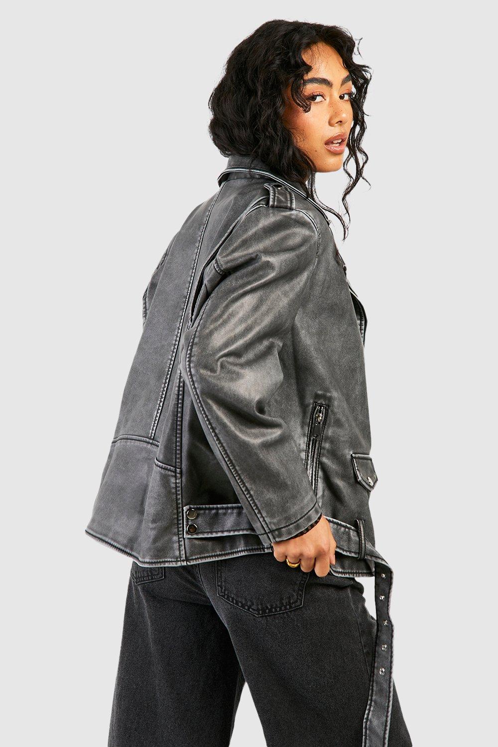 Oversized Washed Faux Leather Biker Jacket