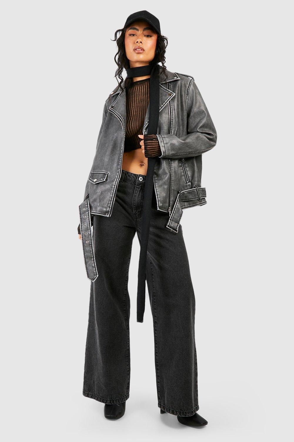 Plus Washed Black Faux Leather Cargo Jumpsuit