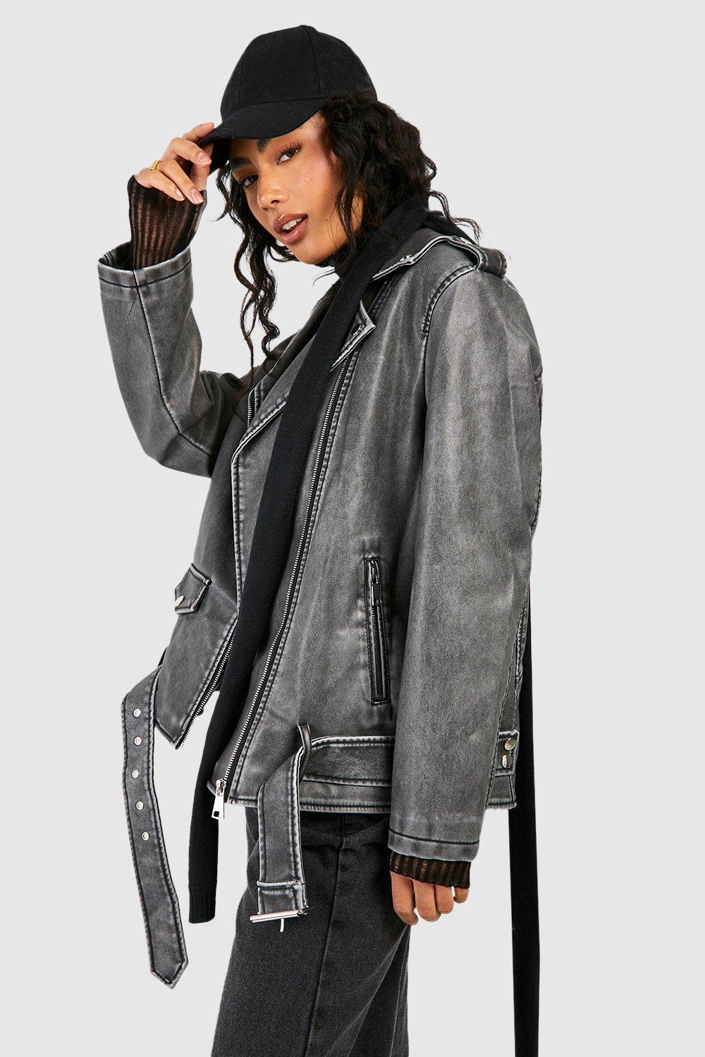 Oversized Washed Faux Leather Biker Jacket | boohoo