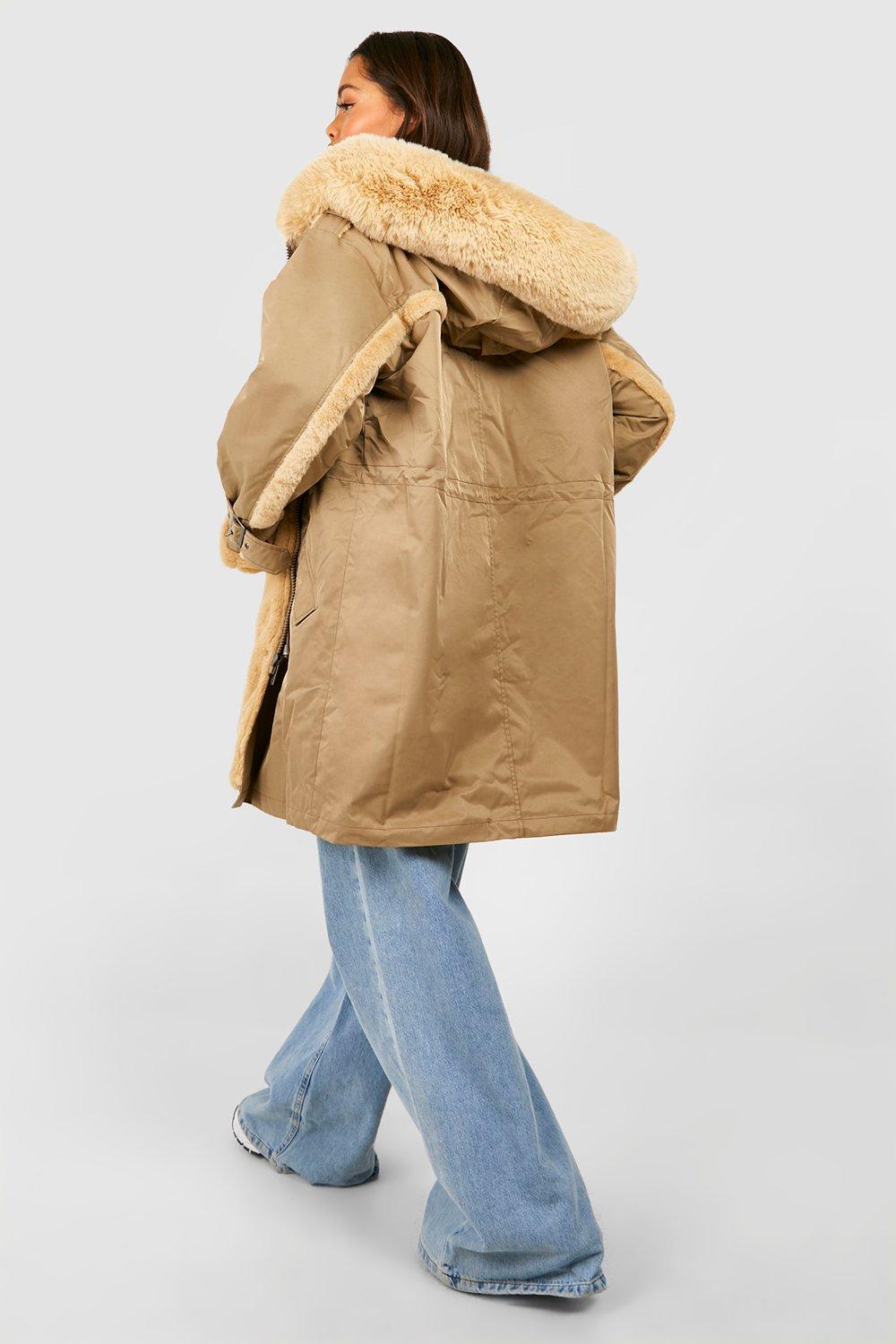 Khaki faux fur trim cheap hooded parka