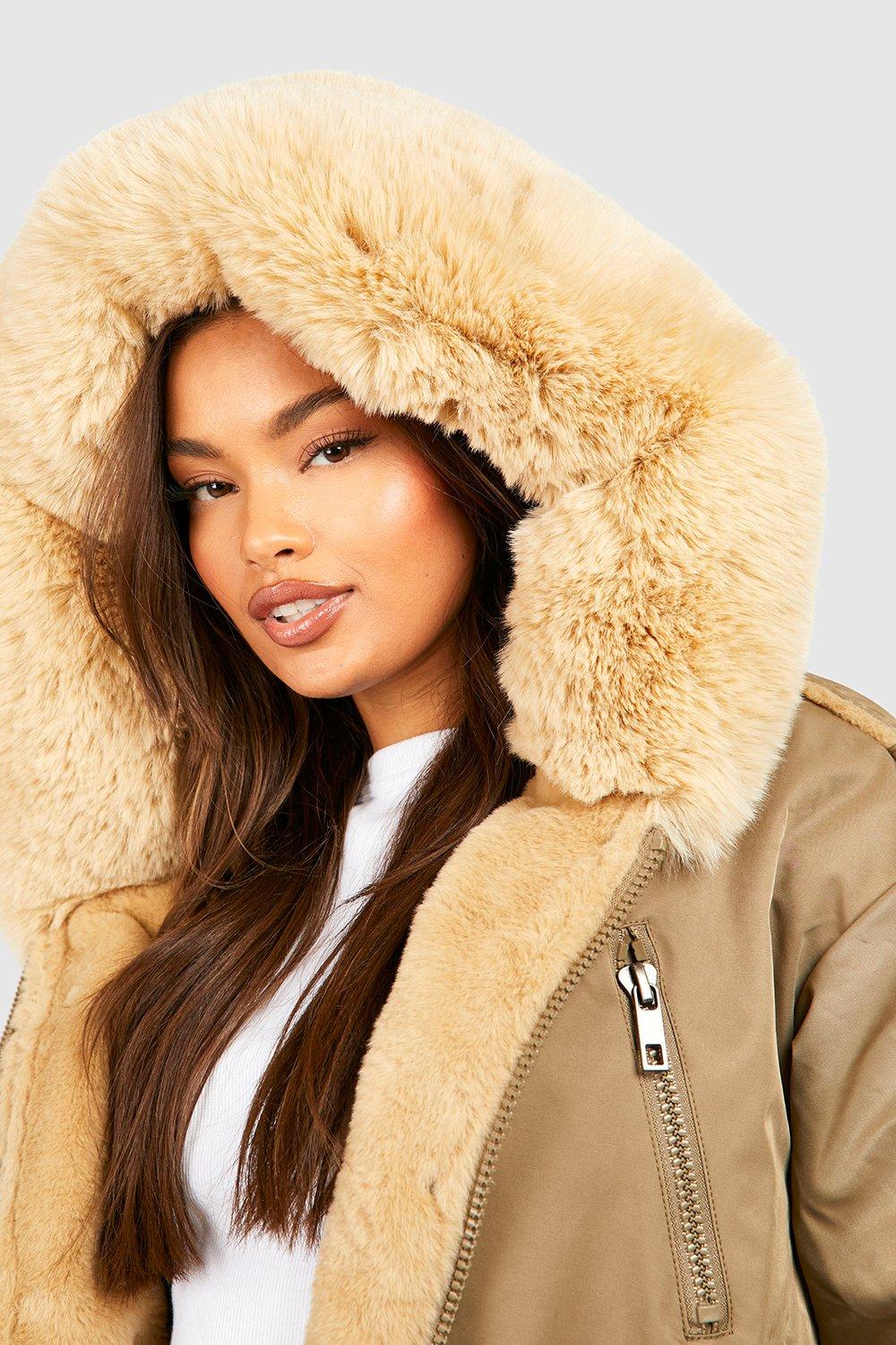 Mustard faux fur outlet hooded coat