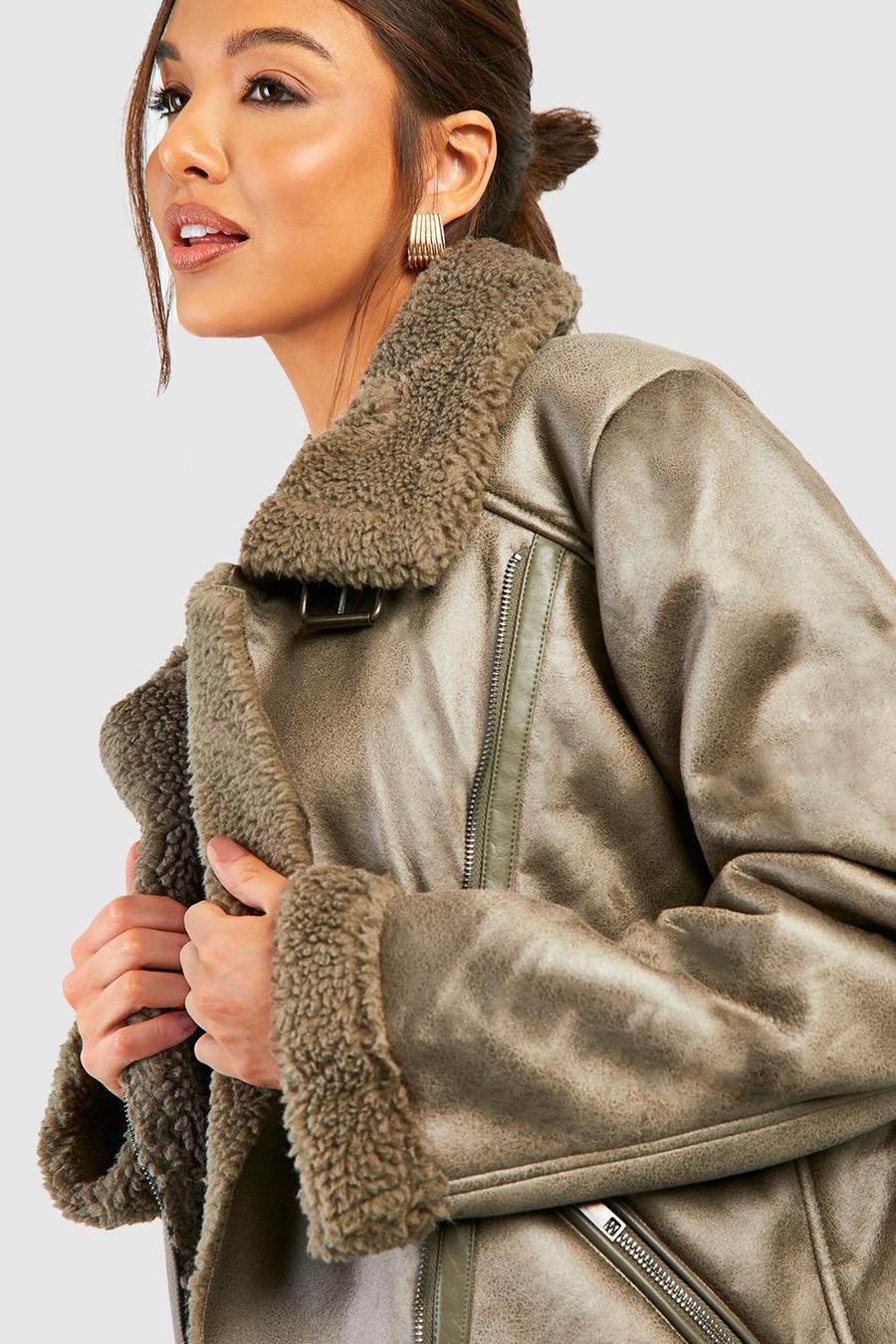 Khaki Faux Fur Aviator Jacket