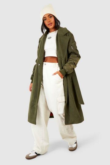 Khaki Bomber Sleeve Belted Maxi Coat