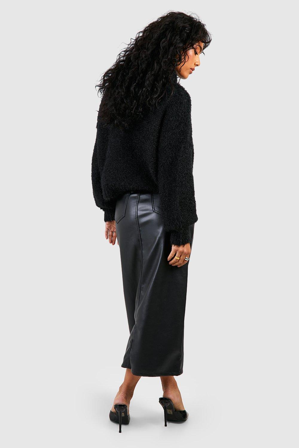 Bianca Midi Skirt - Thigh Split Faux Leather Skirt in Black