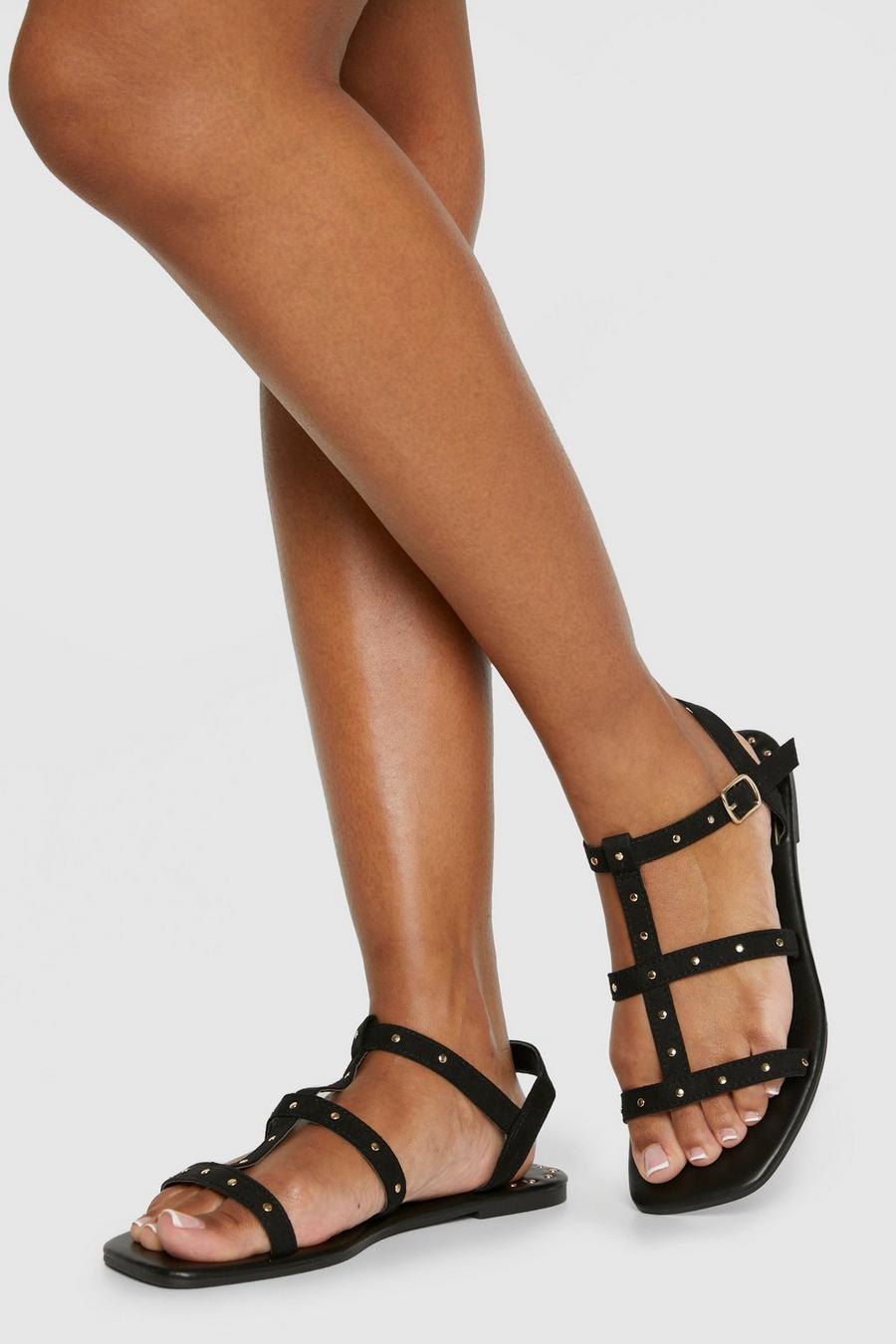 Black Wide Fit Studded Gladiator Sandals image number 1
