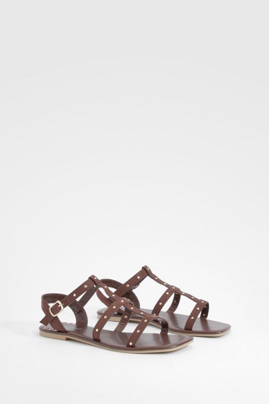 Chocolate Wide Fit Studded Gladiator Sandals image number 1