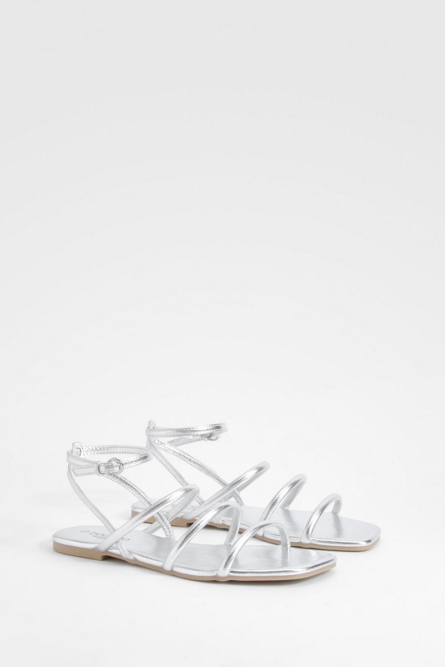 Silver Wide Fit Metallic Triple Strap Flat Sandals image number 1